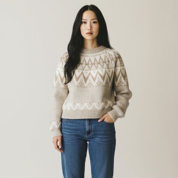 For The Republic Chunky Beige Fair Isle Crewneck Sweater, Medium - Picture 1 of 9